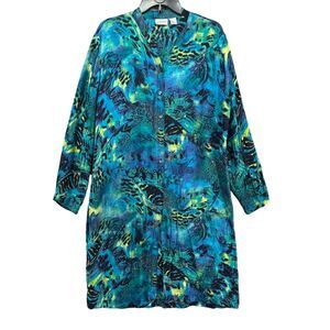 Chicos Tunic Dress Womens L Blue Green Abstract Artsy Semi Sheer Resort Beach